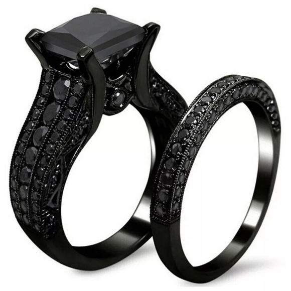 New Black Sapphire Princess Cut Double Band Ring - Picture 3 of 6